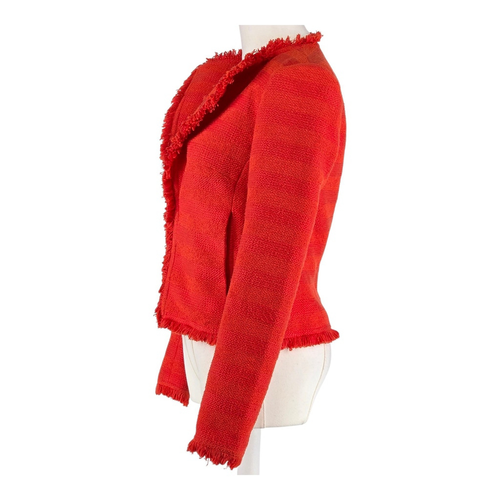 Modern Bohemia Trina Turk Tweed Blazer Women 0 Orange Fringe Trim Cropped Jacket - Picture 2 of 12